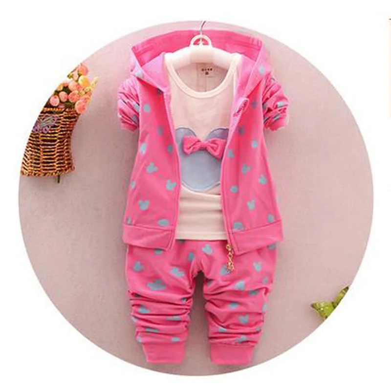 Spring Autumn Girls Clothing Set Cartoon Minnie Hooded Jacket T-Shirt Pants 3Pcs Outfit Kids Tracksuit Suit Children Clothes