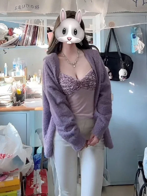 

Нежный фиолетовый свитер и топ в комплекте, осенне-зимняя модная коллекция, женский комфортный комплект с высокой талией и пуговицами...