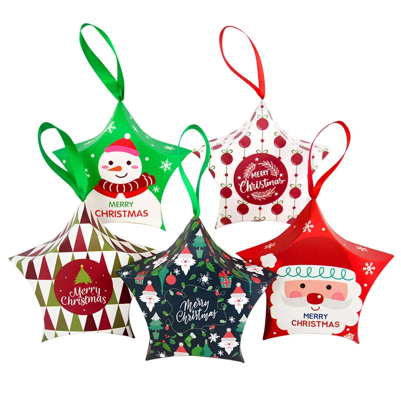 

Christmas Candy Gift Box Star Shaped Paper Box with Ribbon Xmas Gift Packaging Santa Claus Snowman Noel Natal Party Decorations