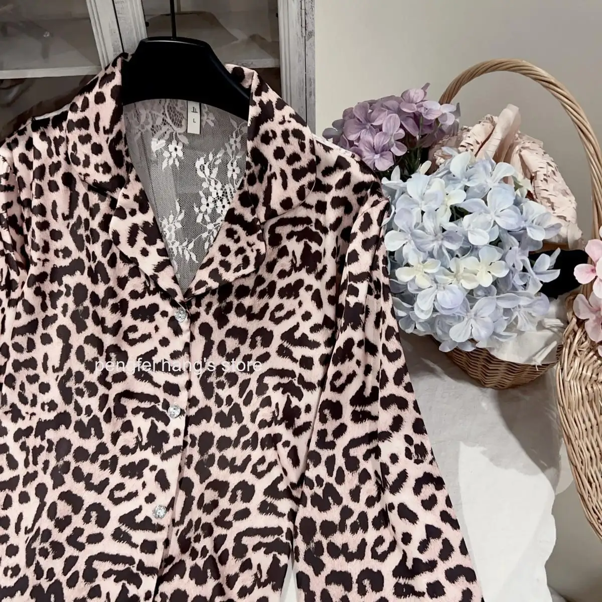 Sexy Pink Leopard 2PCS Pajama Set Loungewear Hollow Out Lace Mujer Lingerie Pijamas Suit Spring Autumn Satin Homewear Sleepwear