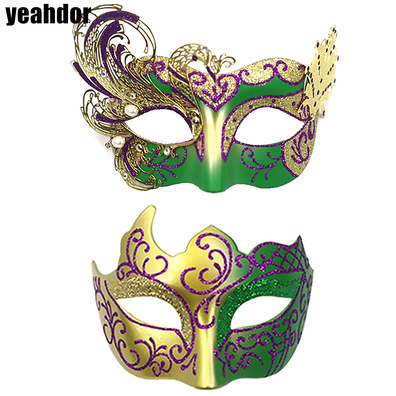 

Couples Masquerade Masks Shiny Sequins Rhinestones Decor Half-face Mask Elastic Band And Hand-held Venetian Mask