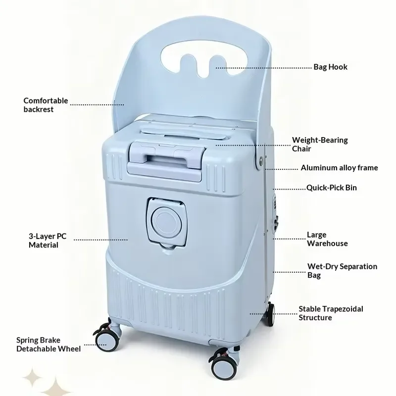 Wholesale Side Open Carry-On 20-Inch Multi-Function Children's Luggage with Cup Holder, Backrest, and Removable Brake Wheels