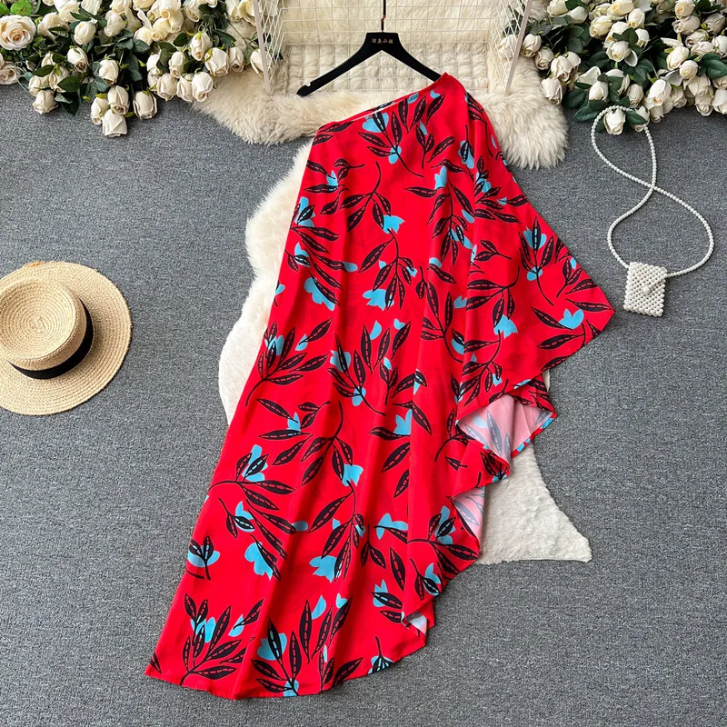 

Girl floral diagonal collar dress for women in summer irregular design loose slim long Dress vestidos de mujer casual elegante