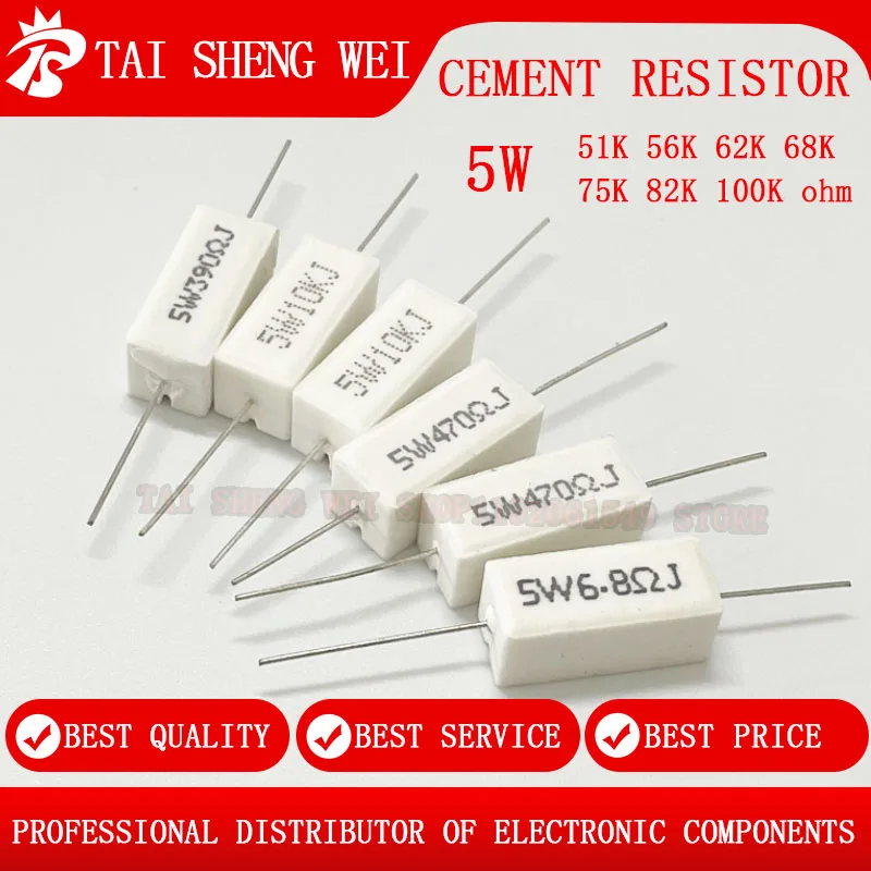 10pcs 5W 5% Cement Resistor Power Resistance 51KJ 56KJ 62KJ 68KJ 75KJ 82KJ 100kJ ohm