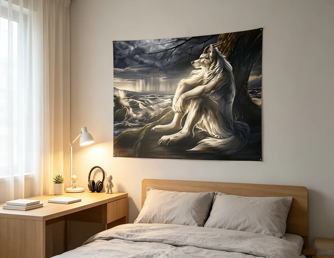 Fantasy Humanoid White Wolf Coastal Storm Landscape Tapestry, Mysterious Dark Nature Scene Wall Decor Tapestry