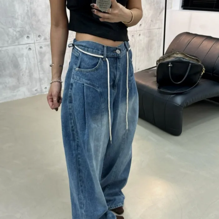 Comfortable Faionable Vintage Waed Denim Jeans with Knot Rope Bend Knife New Arrival Women's Premium Quali Casual Jeans