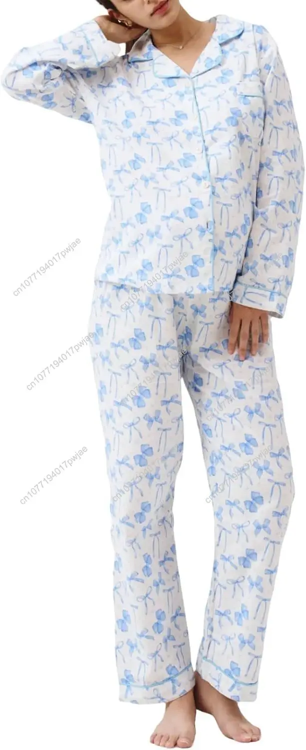 Tsultryofs Damen-Pyjama-Set mit Y2k-Schleife, zweiteilig, Button-Down-Pyjama-Outfits, süßes Langarmshirt und Hose, passende Sets, Nachtwäsche