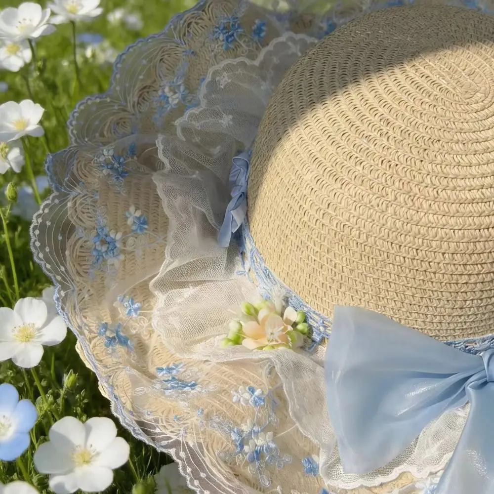 Floral Design Woman's Straw Hat Breathable Elegant Lace Brim Sunshade Cap Sweet Wide Brim Outdoor Beach Hat Outdoor Activities