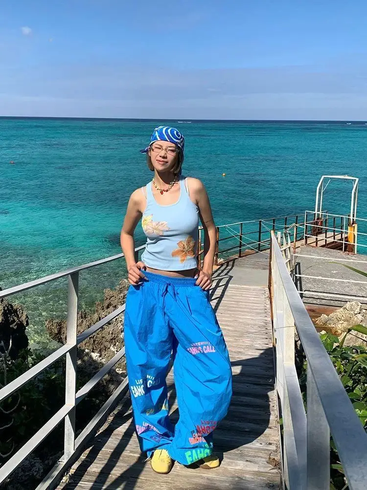 Y2K 브랜드 귀여운 레터 프린트 배기 팬츠 힙합 커플 풀 기장 밴딩 루즈 스트레이트 와이드 레그 팬츠 캐주얼