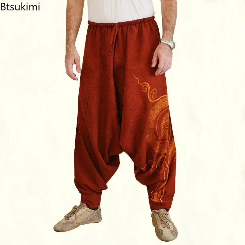 

2025 Men's Print Harem Pants Elastic Waist Baggy Hippie Yoga Pants Boho Gypsy Hippie Aladdin Loose Casual Sport Trousers for Men