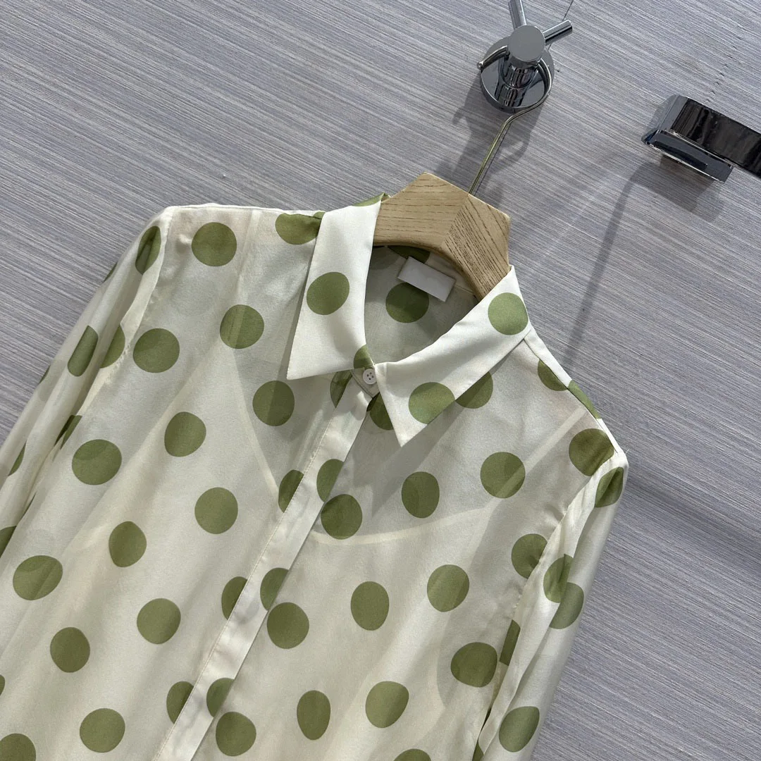 2024 Summer New Women's Wear Fashionable and Exquisite Perspective Avocado Green Wave Dot Silk Shirt 0516