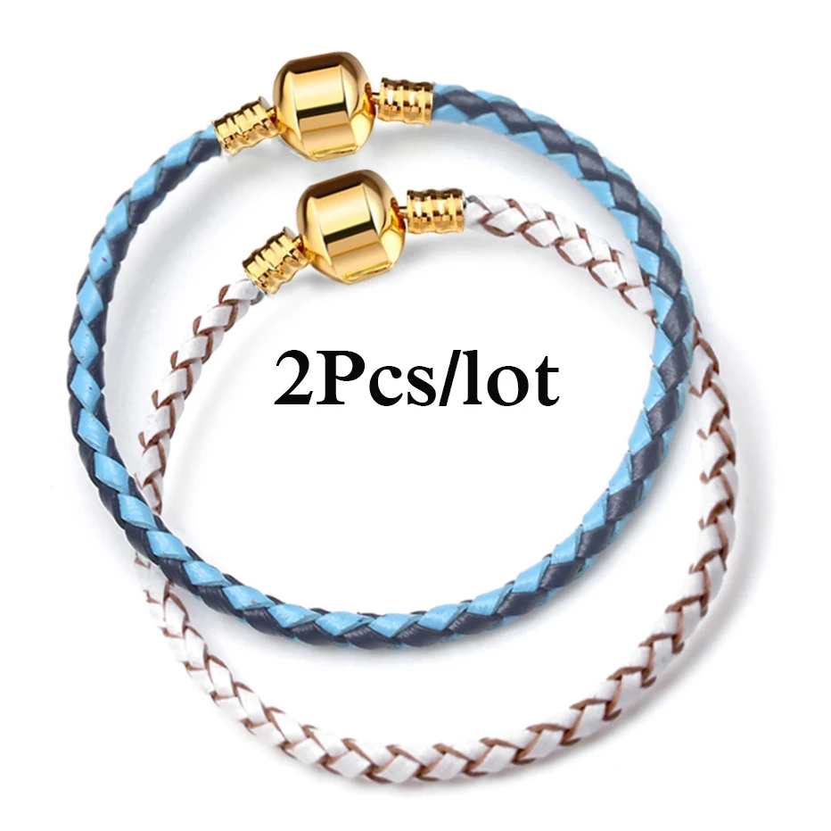 2Pcs/Lot Leather Chain Charms Bracelets Fit DIY Beads Mens Womens Bracelet Bangles Couples Pulsera Vintage Jewelry Bijoux Gifts