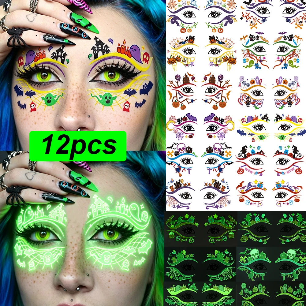 12 Sheets Glow In The Dark Halloween Temporary Tattoo Stickers Sexy Spooky Ghost Skull Bat Pattern Tattoos Makeup Facial Decals