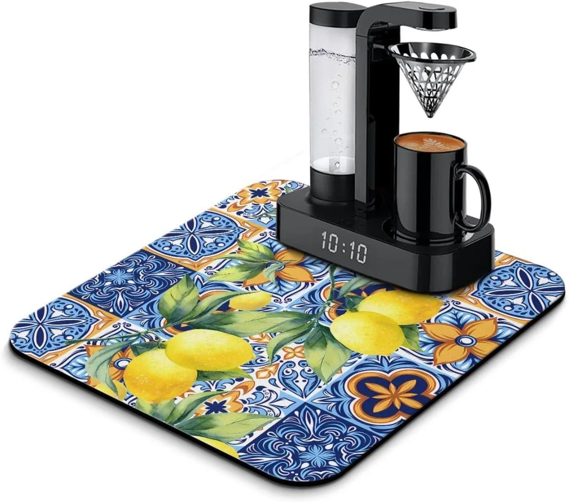 Kitchen Dish Mat Mediterranean Lemon Orchard Theme Ivory Cream Background Green Leaves Non Slip Salon Pad for Bar Table