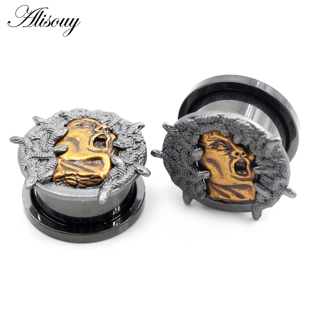 Alisouy 2PCS Stainless Steel Retro Twine Snake Face Ear Gauges Tunnels Plugs Expander Stretcher Earrings Piercing Body Jewelry