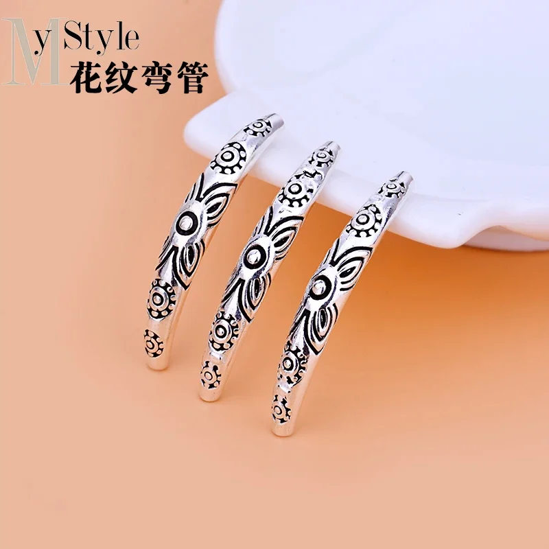 S925 Sterling Silver Tube retro Thai silver pattern elbow Silver Tube hand jewelry DIY Bracelet accessory material bag