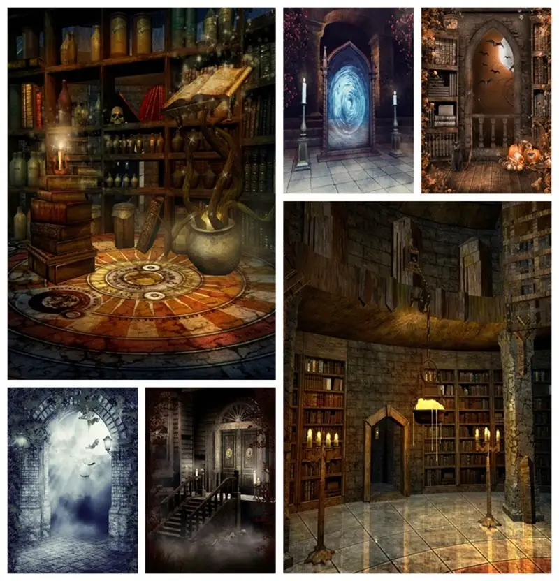 Laeacco Vintage Magic Room Background Witch Magical Potion Skull Medieval Candle Bookshelf Kids Portrait Photography Backdrop