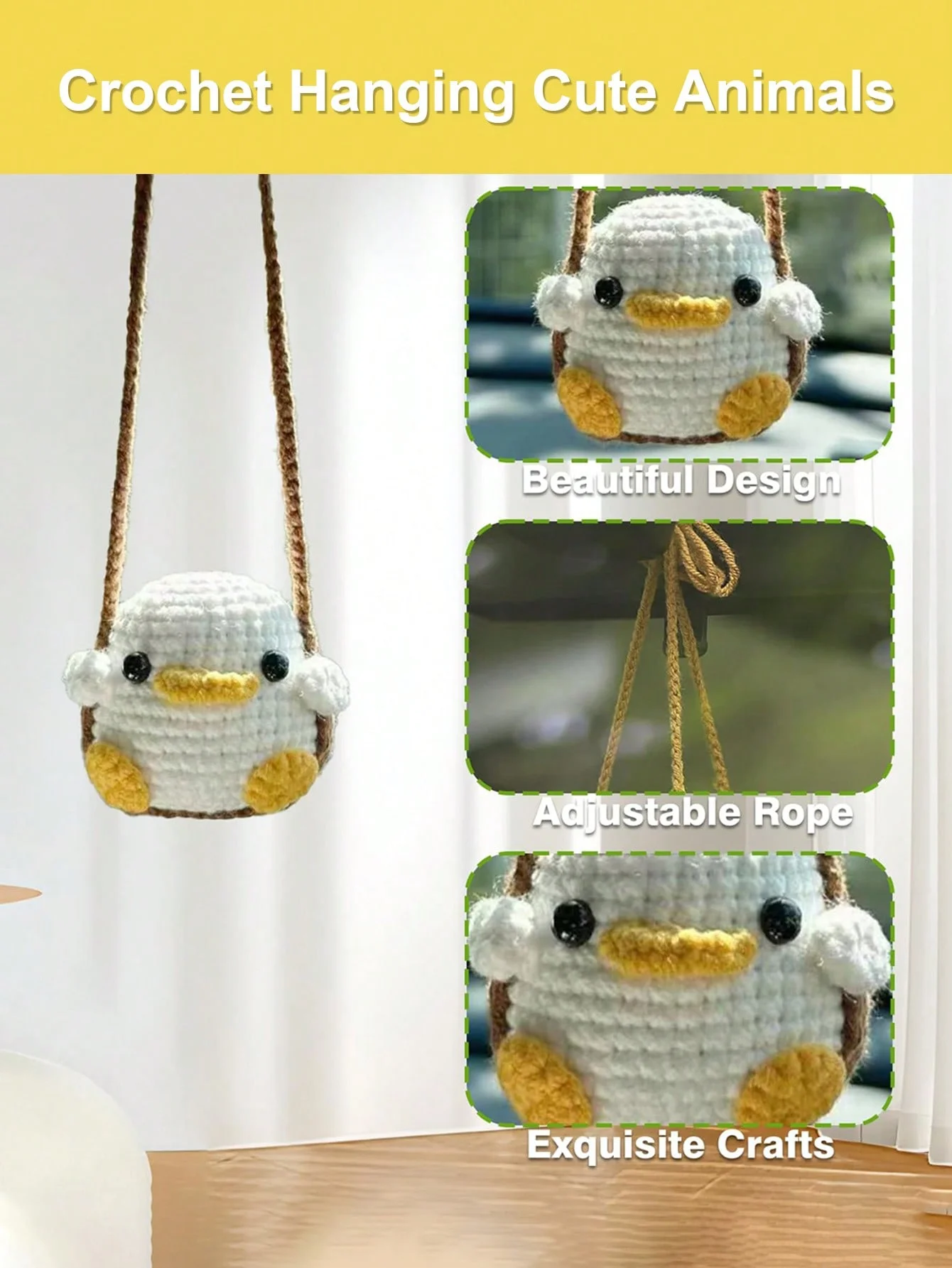 귀여운 수제 크로셰 동물 자동차 펜던트 – 자동차 백미러 장식 펜던트, 귀여운 오리 새끼 그네 디자인 및 개구리 디자인, 부드러운 소재