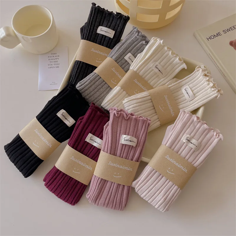 

Lolita Kawaii Socks JK Japanese Style Sweet Girls Cute Ruffle Socks Women Knitting Cotton Fashion Solid Color Loose Long Socks