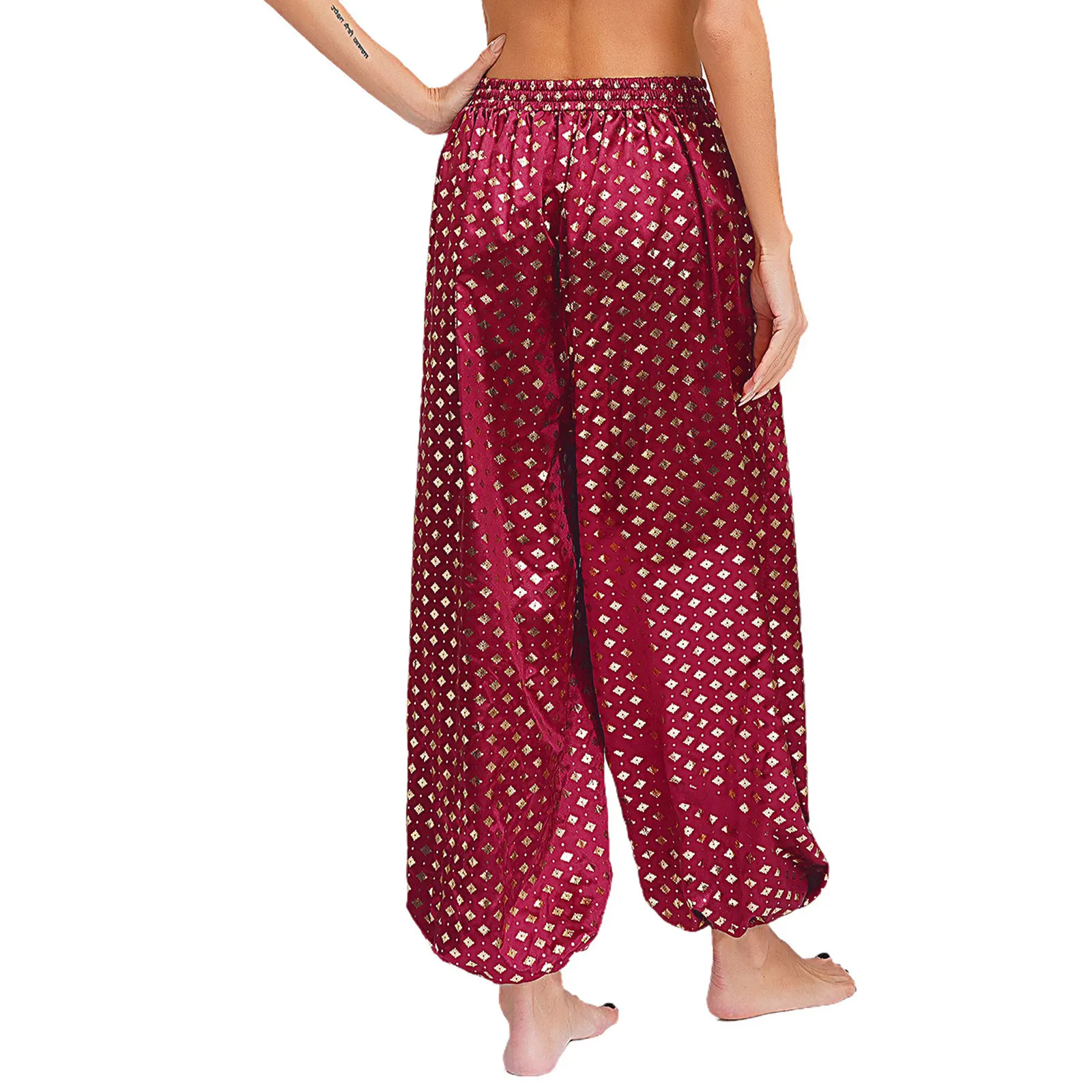 Costume da danza del ventre da donna Pantaloni lanterna metallizzati Catene di strass Ritaglio Bloomers larghi Pantaloni Harem Costume arabo di Halloween