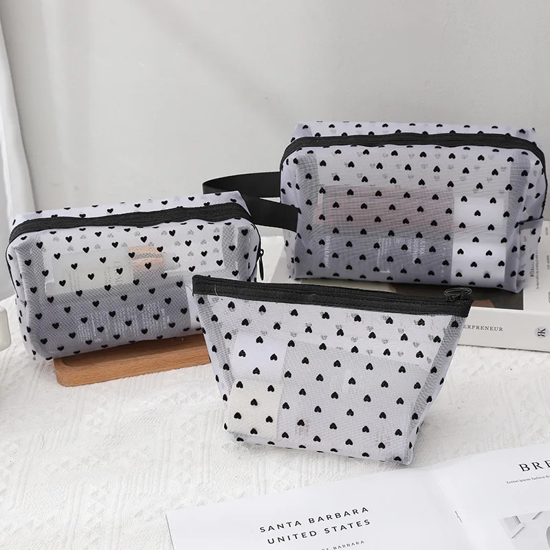 Mesh Pencil Case Cosmetic Makeup Bags Case Transparent Multifunction Organizer Folder Zipper Black Heart Pencil Case Storage Bag