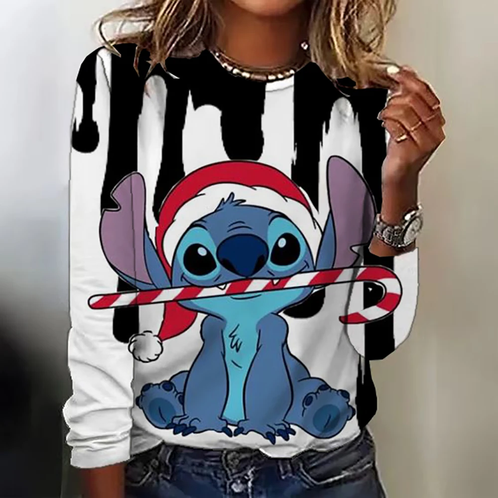 جديد عيد الميلاد الربيع والخريف المرأة ديزني ليلو وستيتش مطبوعة موضة عادية كم طويل الجولة الرقبة فضفاض تي شيرت المرأة #5