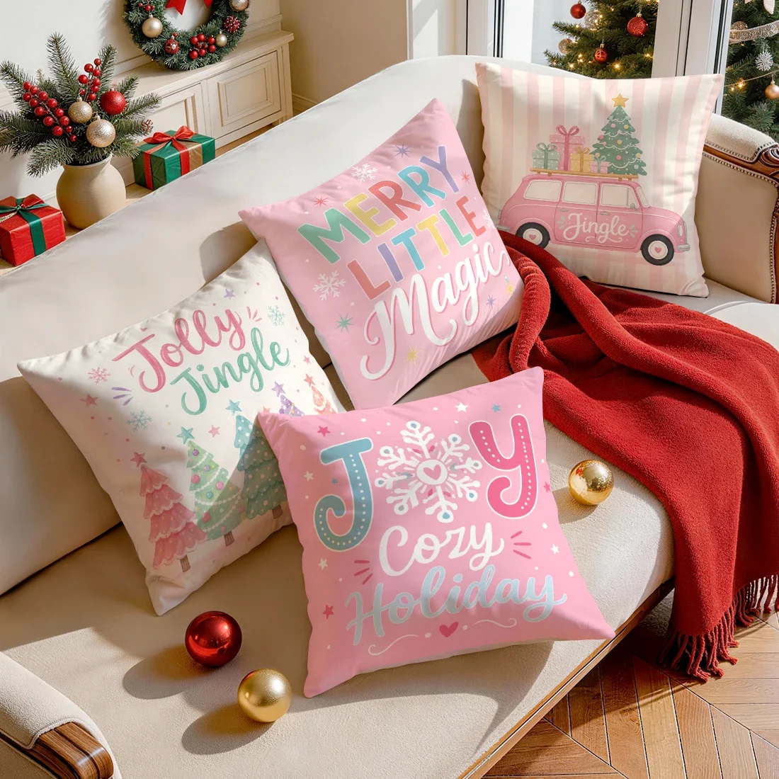 1/4pcs Cy-Colored Christmas Tree Cushions Pillowcase Polyester Cushion Cover Throw Pillow Pillowcover Home Car Sofa Decor