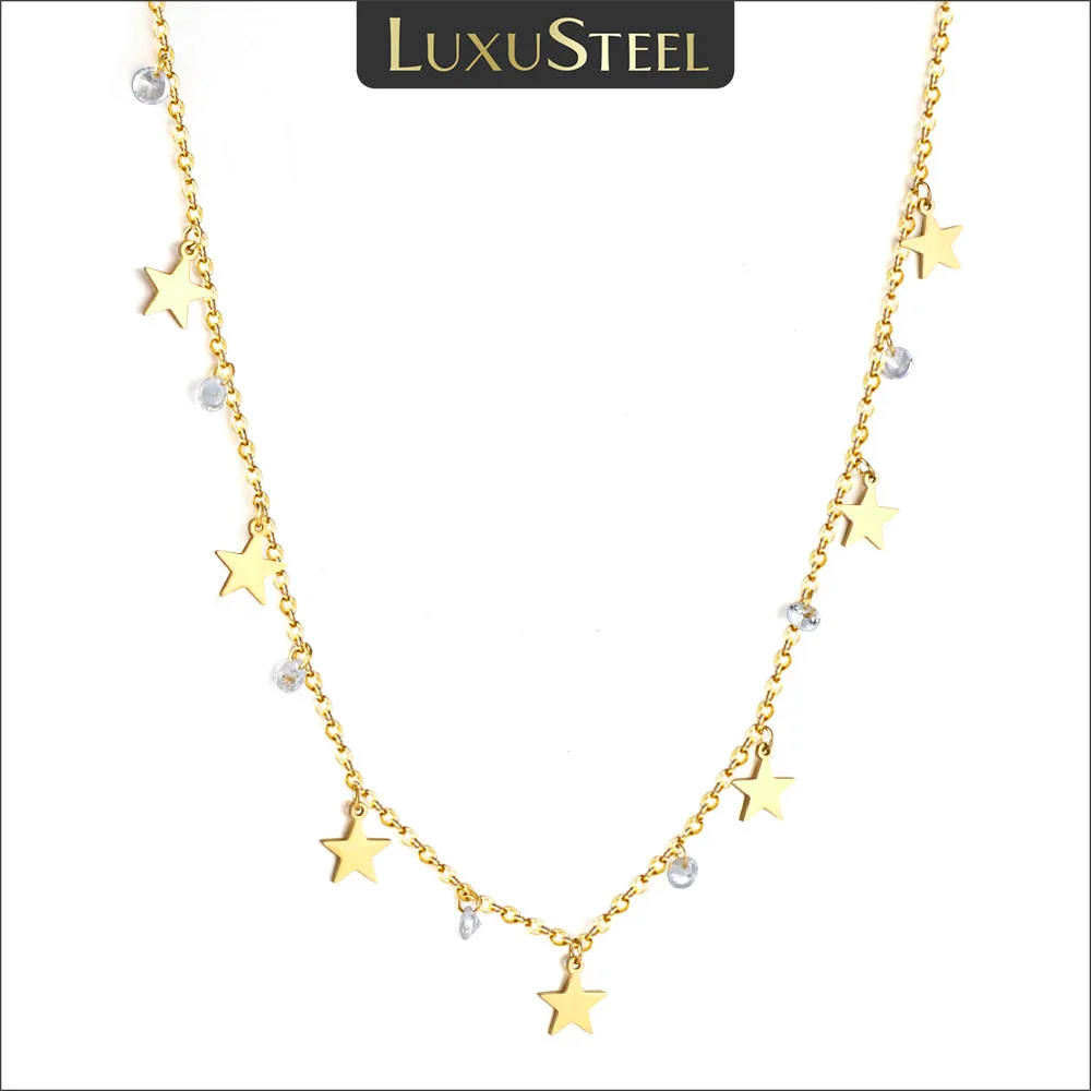 LUXUSTEEL Stars Bling CZ Stone Necklaces For Women Girls Golden Color Stainless Steel Choker Anniversary Gift Fashion Jewelry