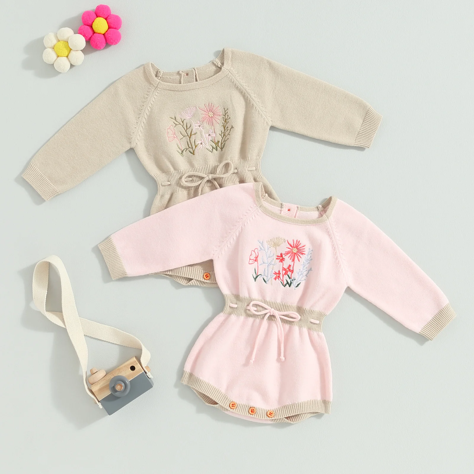 

Baby Girls Romper, Long Sleeve Crew Neck Embroidery Flower Drawstring Knit Bodysuit Clothes for Casual Daily