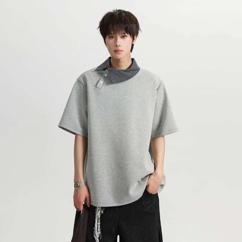 LUZHEN Short 2026 Summer Personalized Slant Lapel Splicing Design Sleeve T-shirt Men's Fashion Handsome Loose Casual Tops JY8485