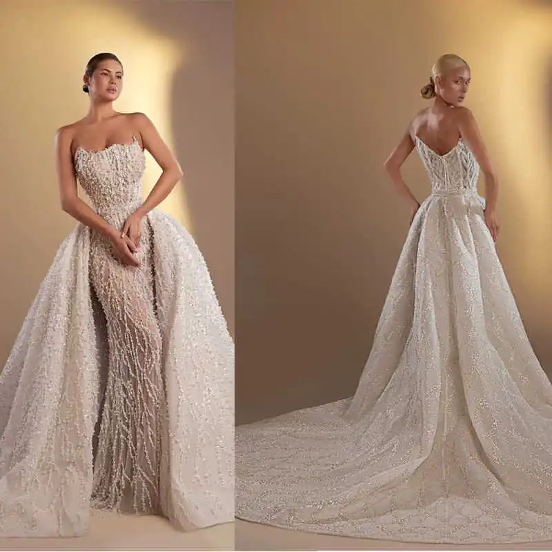 

Sparkly Sequins Mermaid Wedding Dresses Sweetheart Neck Sleeveless Bridal Gowns Detachable Train Pearls Custom Made