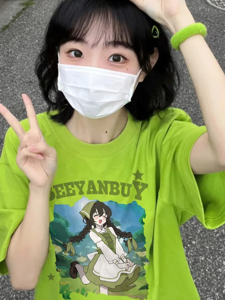 2024 Summer Oversize Kawaii Cartoon Print T-shirts Japanese Short Sleeve Y2k Aesthetic Tops Women Casual Fashion Harajuku Tees