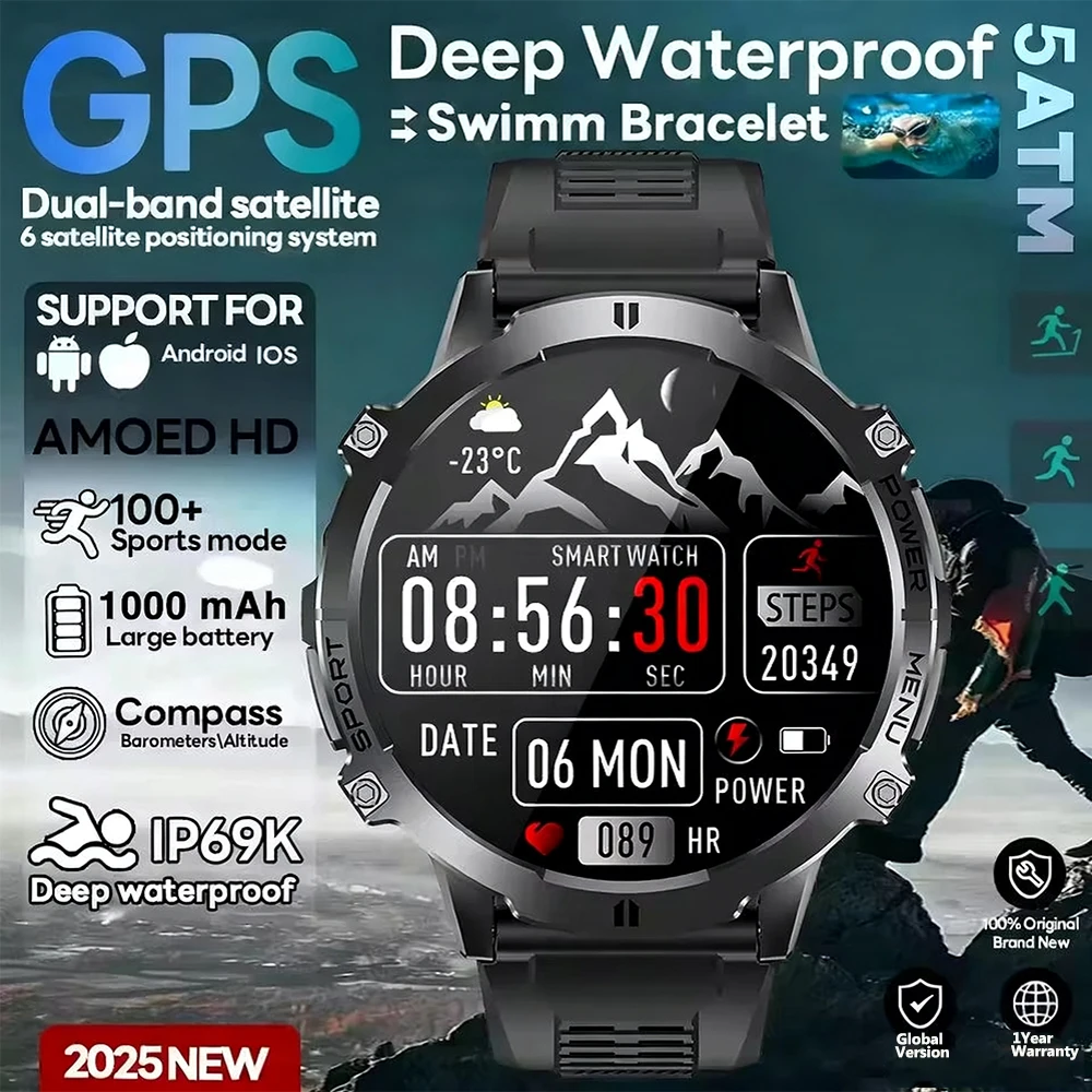 

2025 T Rex 3 Built-in Military GPS Smart Watch Men AMOLED 1000mAh Battery Waterproof Altimeter Outdoor Fitness Sports Smartwatch