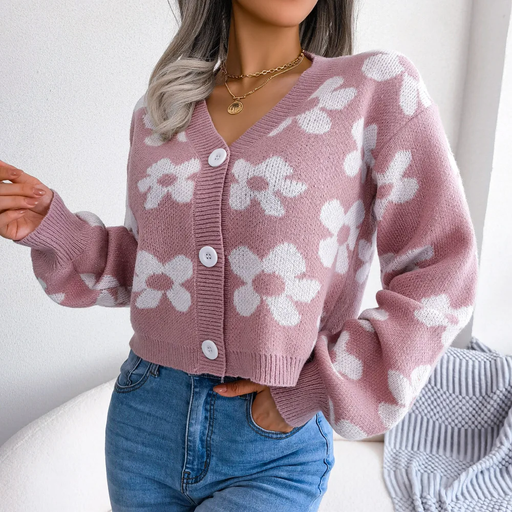 

Women's Floral Contrast Color Button Front Casual Cardigan Sweater Coat, Long Sleeve Open Front for Autumn Winter Resort Wear