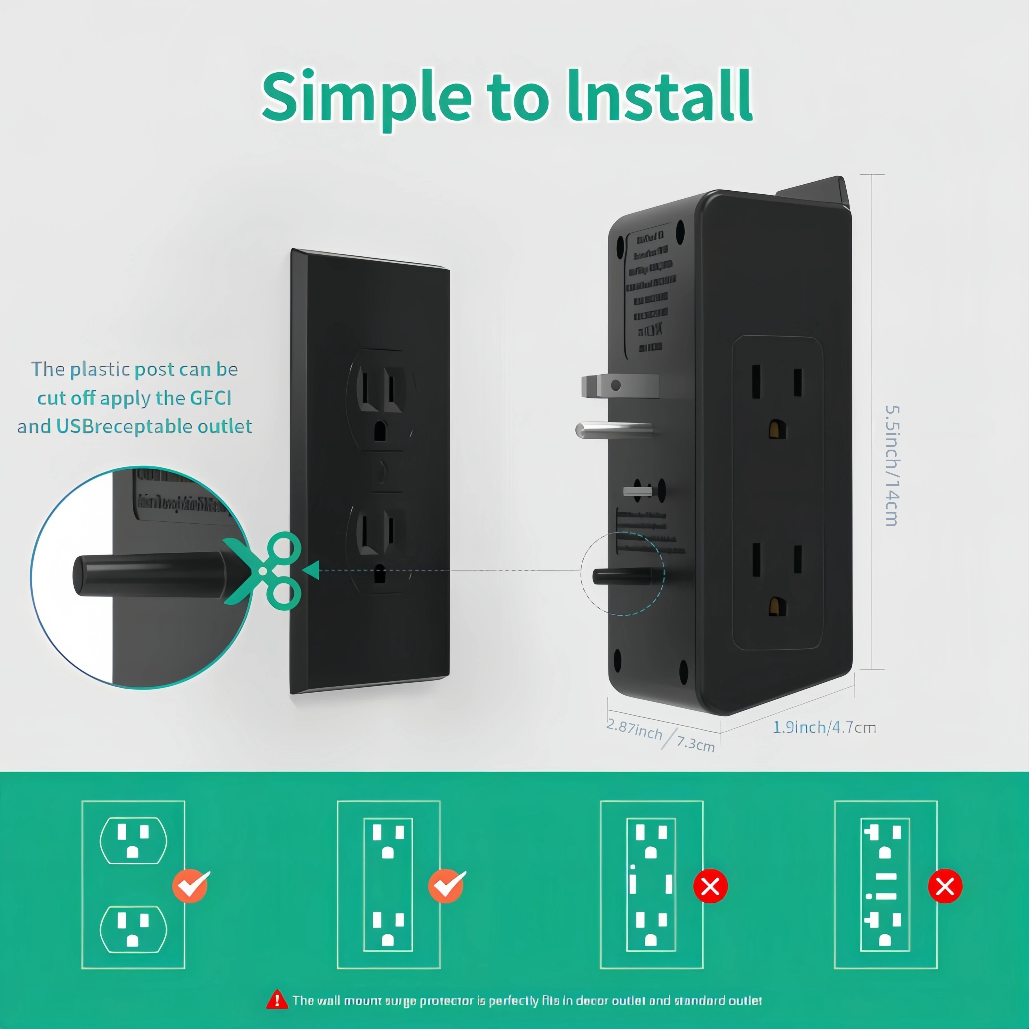USB Wall Charger, Multi Plug Outlets Extender with Night Light, Expander Multi Plug Splitter