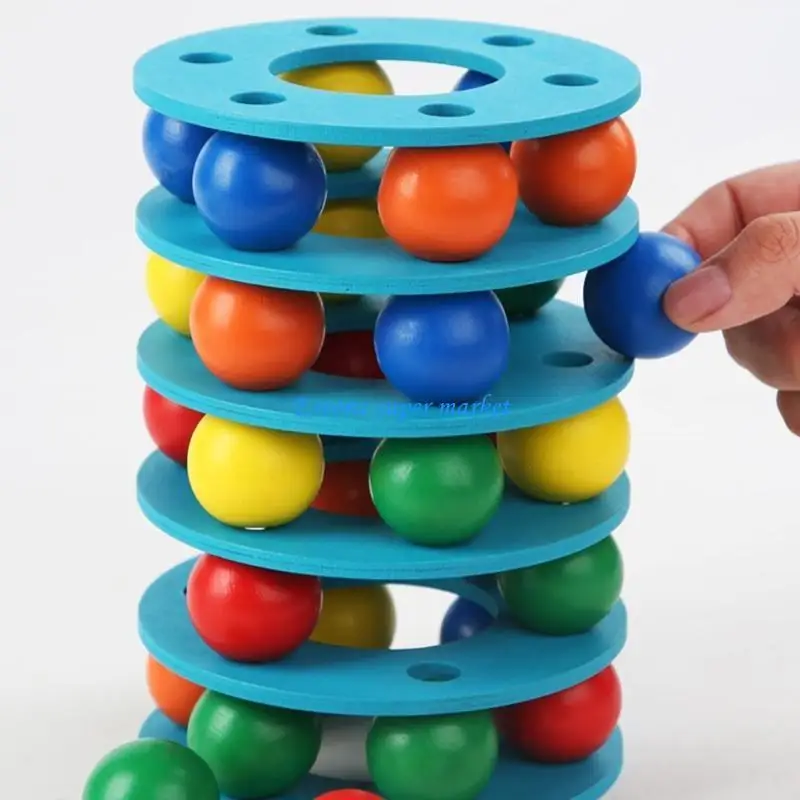 090b ลูกบอลไม้หอคอยซ้อนบล็อกของเล่นสำหรับศูนย์กิจกรรมก่อนวัยเรียนเด็กผู้หญิง