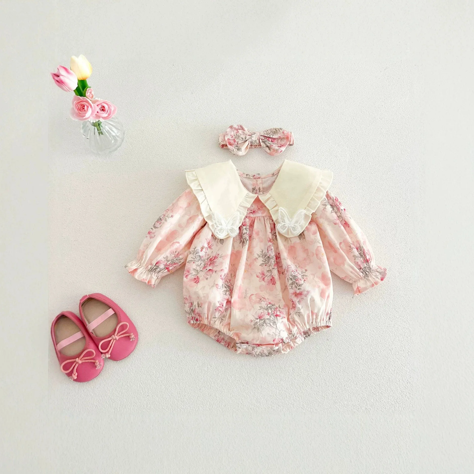 2026 New Spring Fall Baby Girls Floral Romper | Double Layer Peter Pan Collar Bodysuit | Korean Chic Outfit with Headband