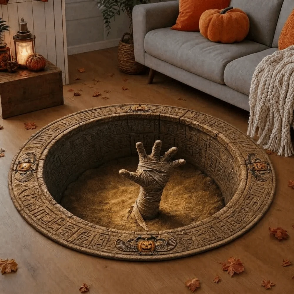 Crystal Velvet Halloween Area Rug Horror Pattern Anti-Slip Round Carpet Atmosphere Decoration Soft Optical Illusion Rug