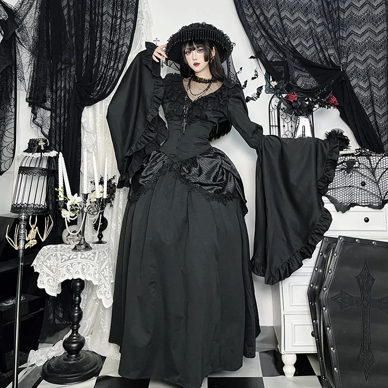 

Gothic Lolita Witch Cosplay Costume f-length Skirt k Subculture loween Outfit Women's Lace irt Polyester Fiber