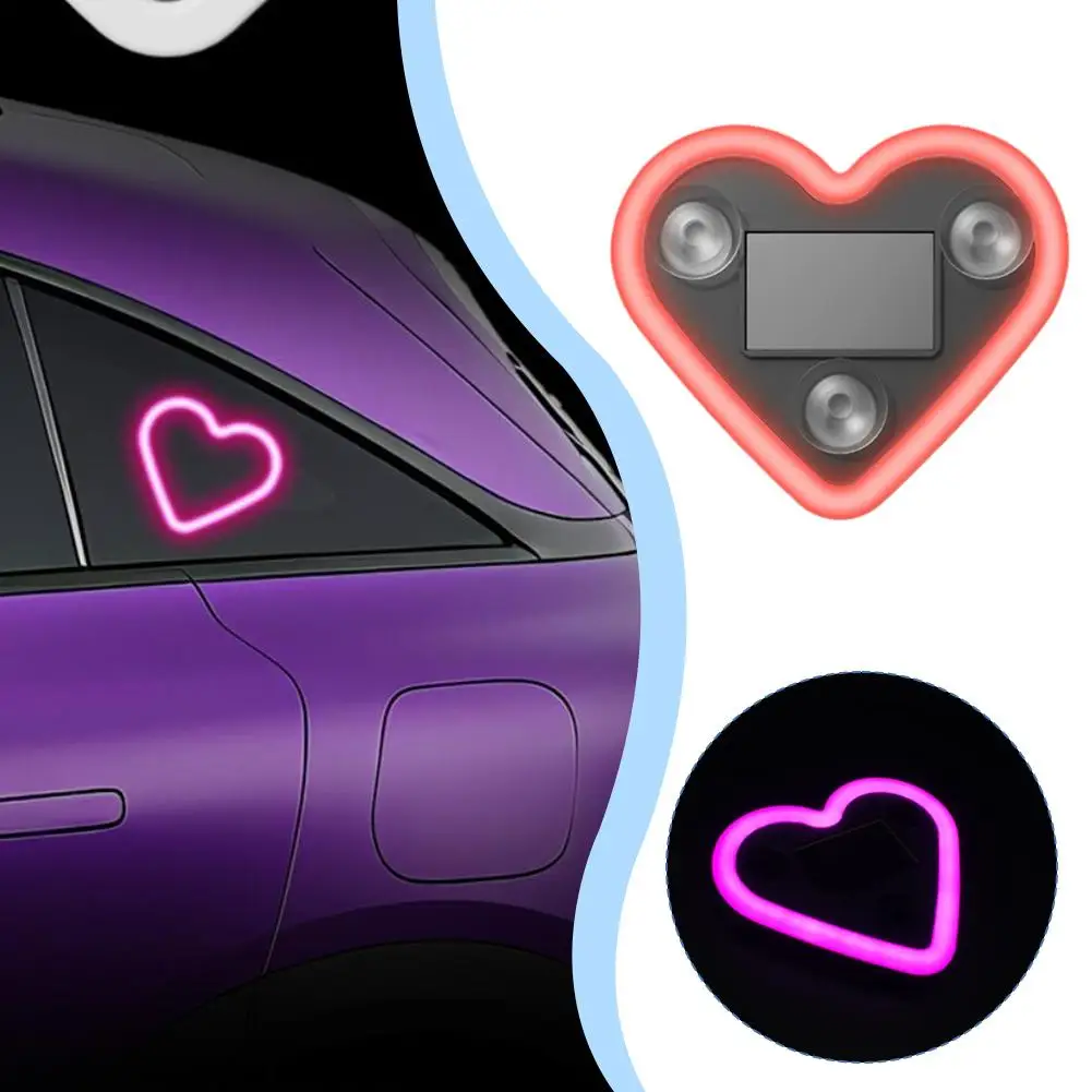 New 1/2Pcs Car LED Window Luminous Heart Atmosphere Solar Car Interior Heart-shaped Neon Light Atmosphere Light Decoration