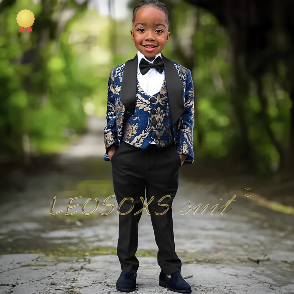 Boys Printed Wedding Tuxedo 3-piece Set-Children\'s Formal Jacket Set Dinner Suit Jacket Pants Vest Personalized Customization