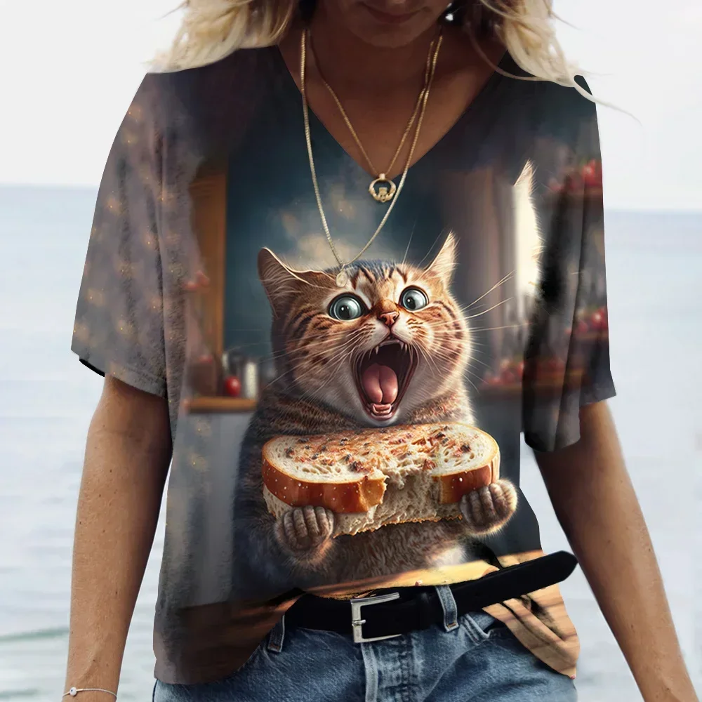 Women's T-shirt Kawaii Cat Print 3D T Shirt Top Girls Y2k Clothing Summer Short Sleeve Tees V-neck Casual Holiday Female T-shirt