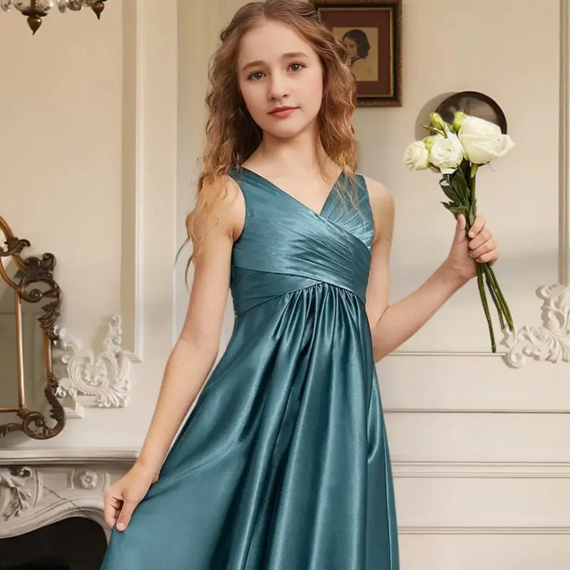 

FA Kids A Line V Neck Floor Length Stretch Satin Junior Bridesmaid Dress Flower Girl Dress Girls Party Wedding Formal Special