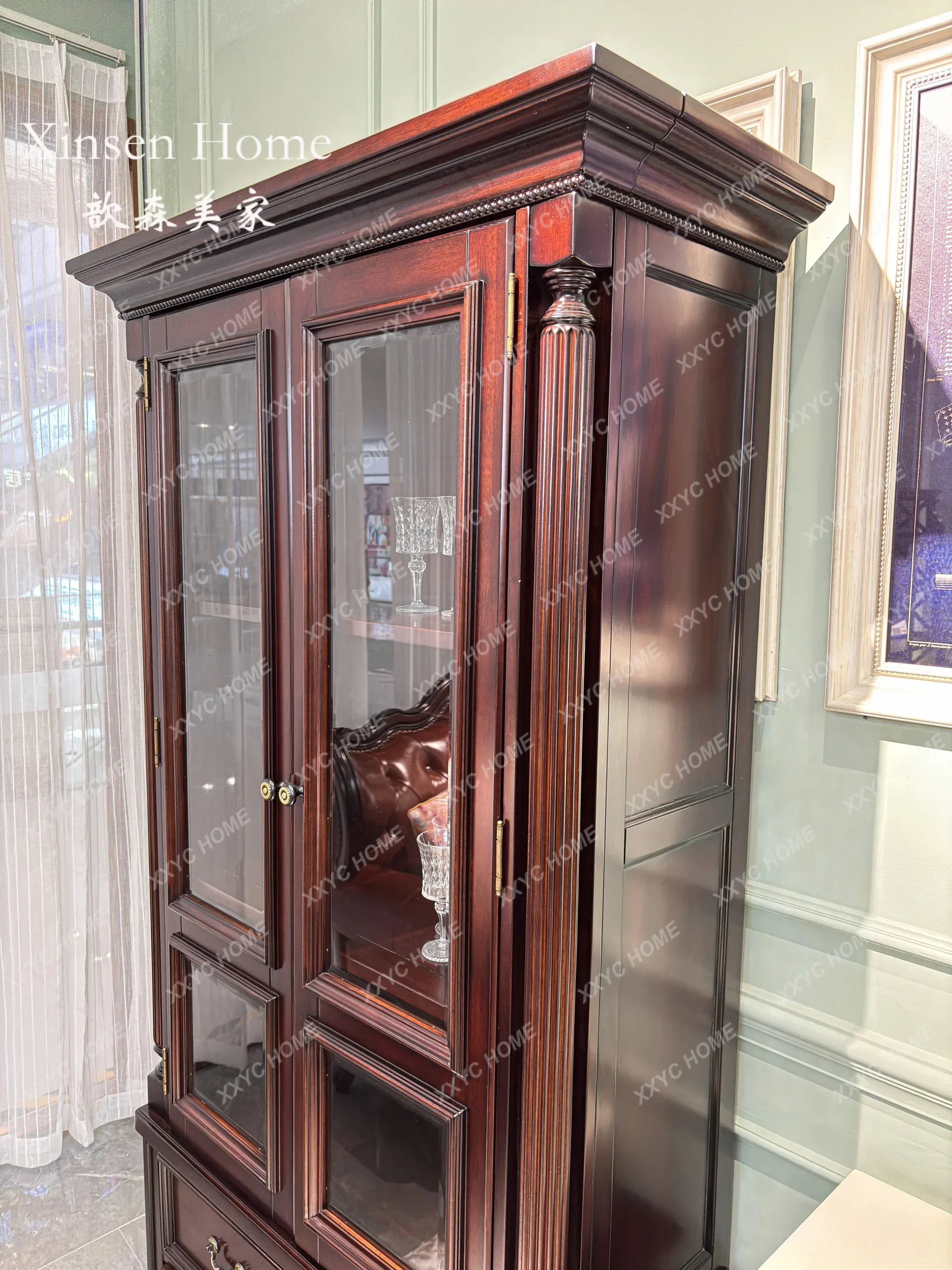 

LL double-door wine cabinet solid wood home two-door display living room with glass storage furniture