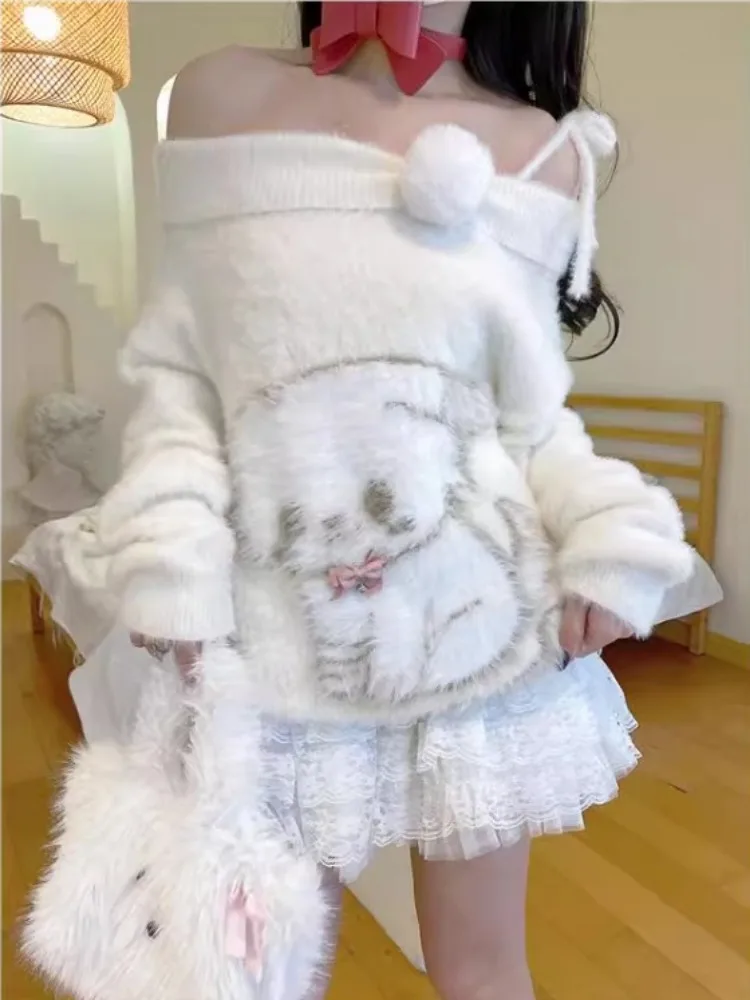 Autumn and Winter New Fluffy Clothes Women Puppy Shoulder Girl Spring Hairy Knitted Top Cute Elegant Cartoon Cotton Sweater