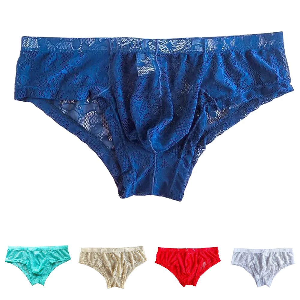 

Casual Sheer Panties Men Jacquard Lace Bottoms Underwear Low Waist Man's Elastic Briefs U Pouch Lingerie Shorts