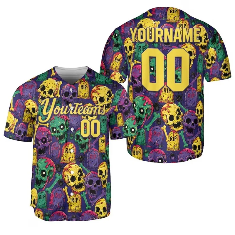 Men Halloween Baseball Jersey Black Cat Pumpkin Jack‑O‑Lantern Full Moon Bat Short Sleeve Button‑Down Horror Party Sport Shirt