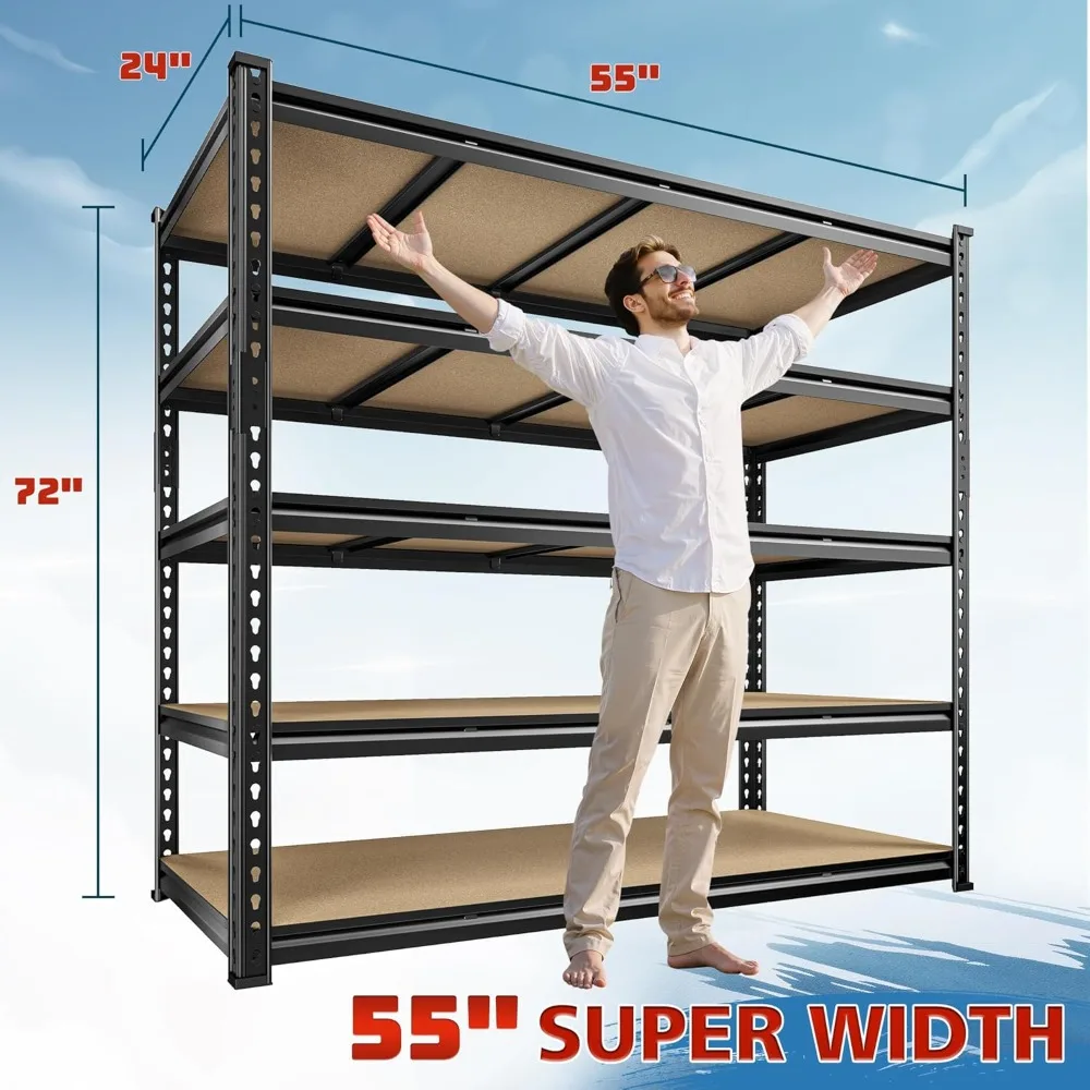 55" W Storage Shelves, 2550LBS Garage Shelving Heavy Duty, 5-Tier Heavy Duty Shelving, Adjustable Metal Shelving Unit for Garage