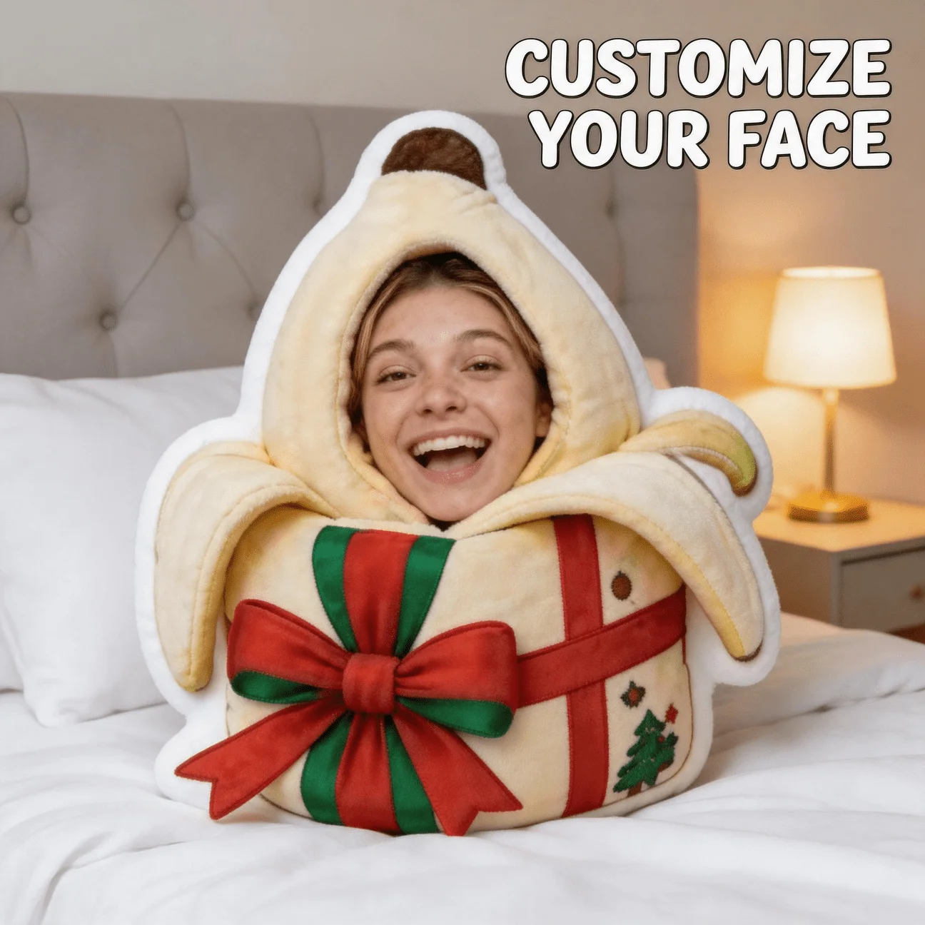 Custom Personalized Photo Face Pillow, Christmas Gift Box Shaped Decorative Cushion, 70CM Large Size Accent Pillow for Sofa & Be