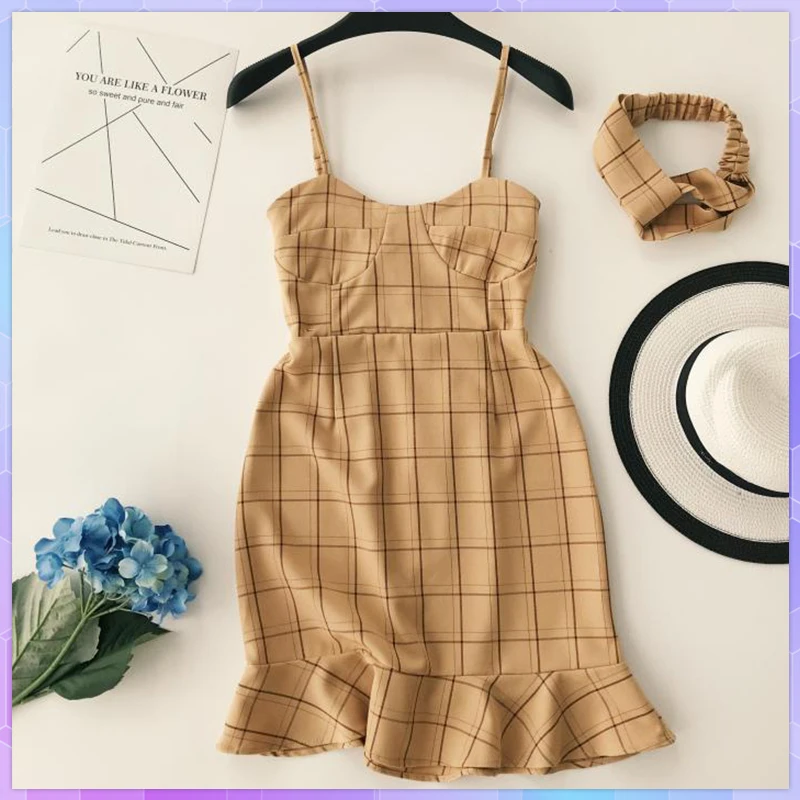

Women's Ruffles Slim Mini Dress Fashion Sexy Summer Plaid Print Spaghetti Strap Beach Short Dress Party Casual Mermaid Dresses
